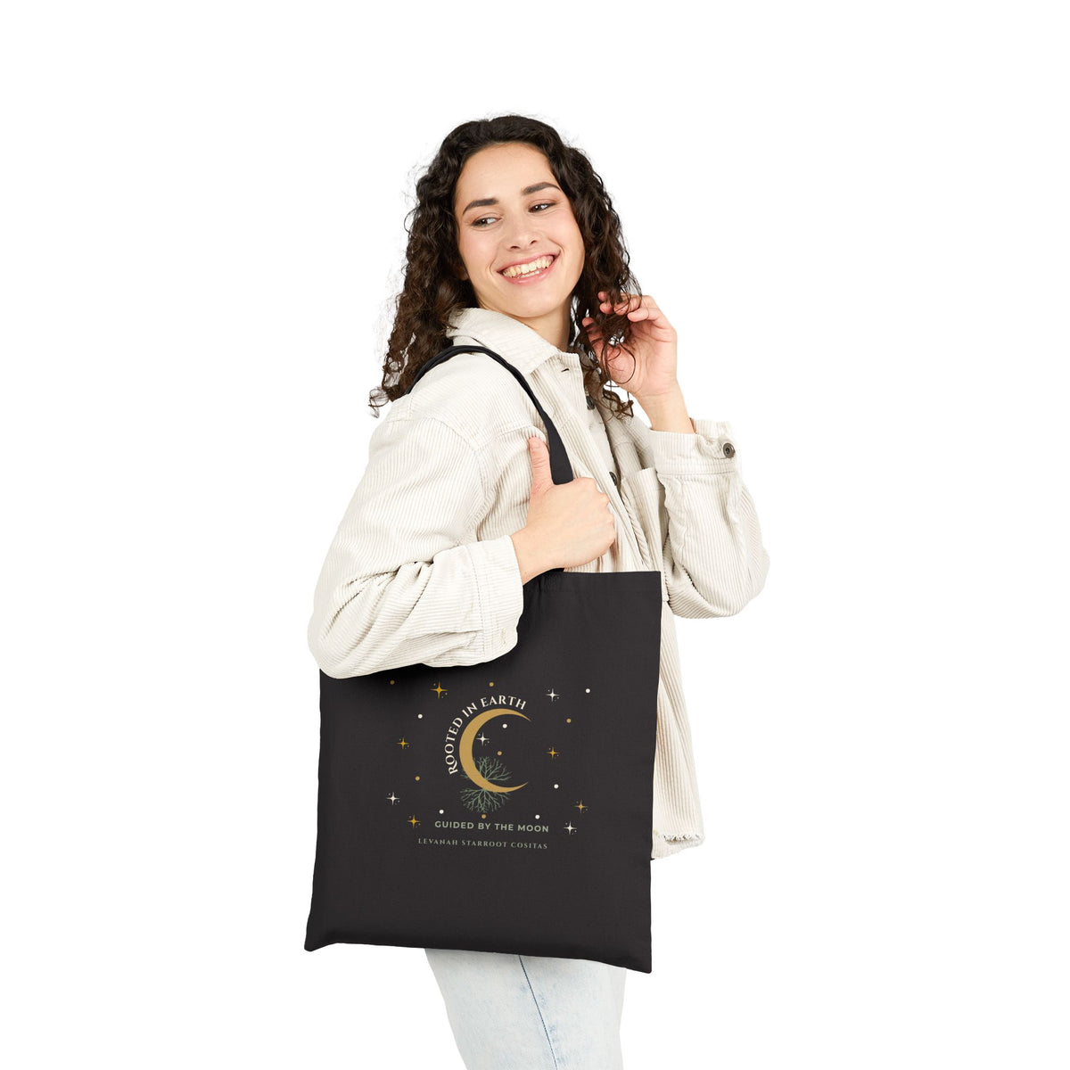 Celestial Moon Canvas Tote — 'Loved on Earth' Gold Crescent Tote Bag