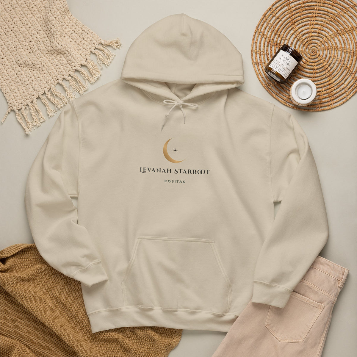 Celestial Moon & Star Hoodie — 'Levanah Starroot' Elegant Astrology Sweatshirt