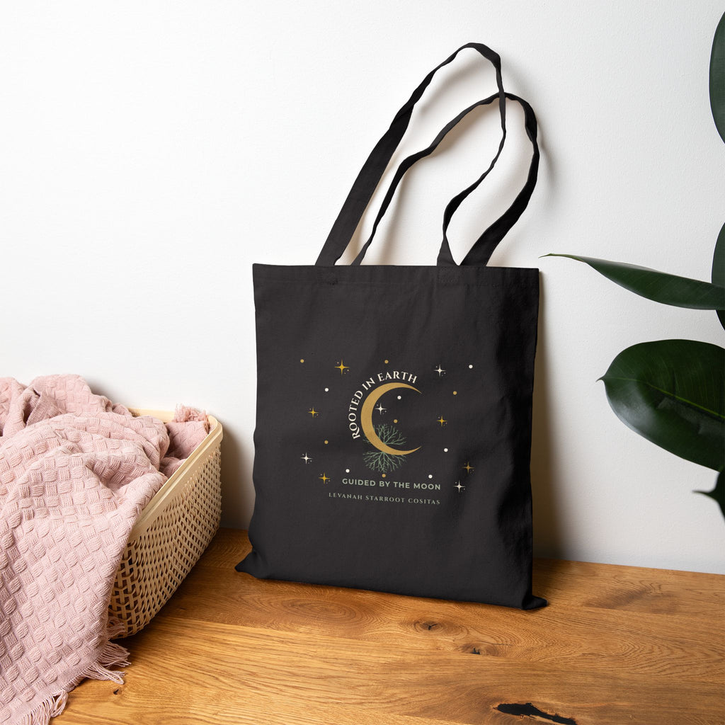 Celestial Moon Canvas Tote — 'Loved on Earth' Gold Crescent Tote Bag