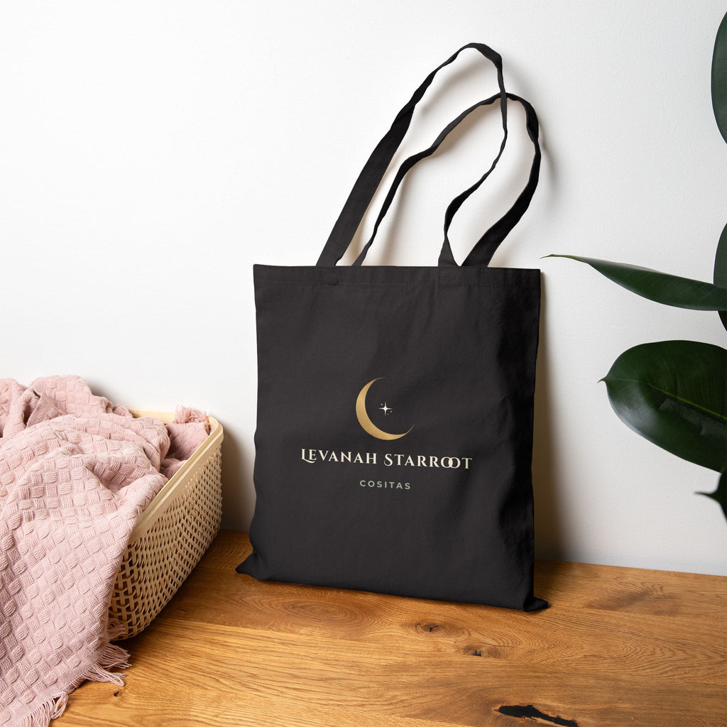 Celestial Moon Canvas Tote — 'Loved on Earth' Gold Crescent Tote Bag