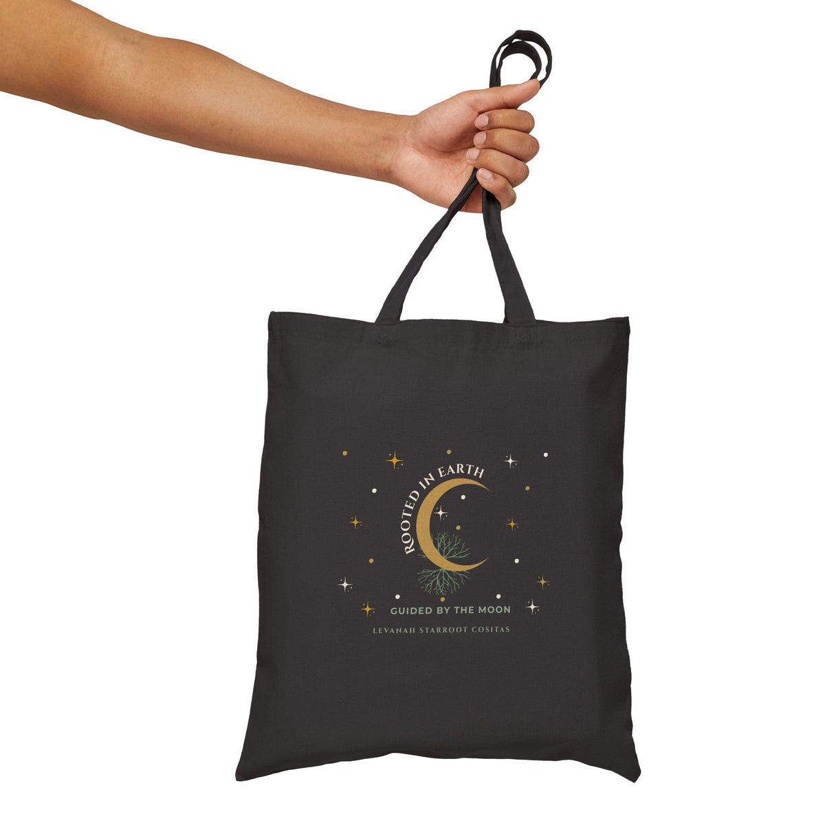 Celestial Moon Canvas Tote — 'Loved on Earth' Gold Crescent Tote Bag