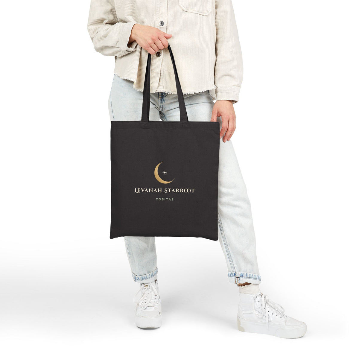 Celestial Moon Canvas Tote — 'Loved on Earth' Gold Crescent Tote Bag