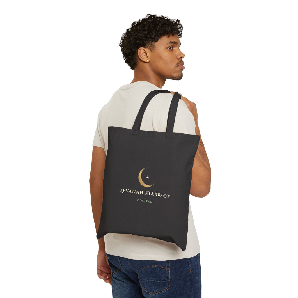 Celestial Moon Canvas Tote — 'Loved on Earth' Gold Crescent Tote Bag