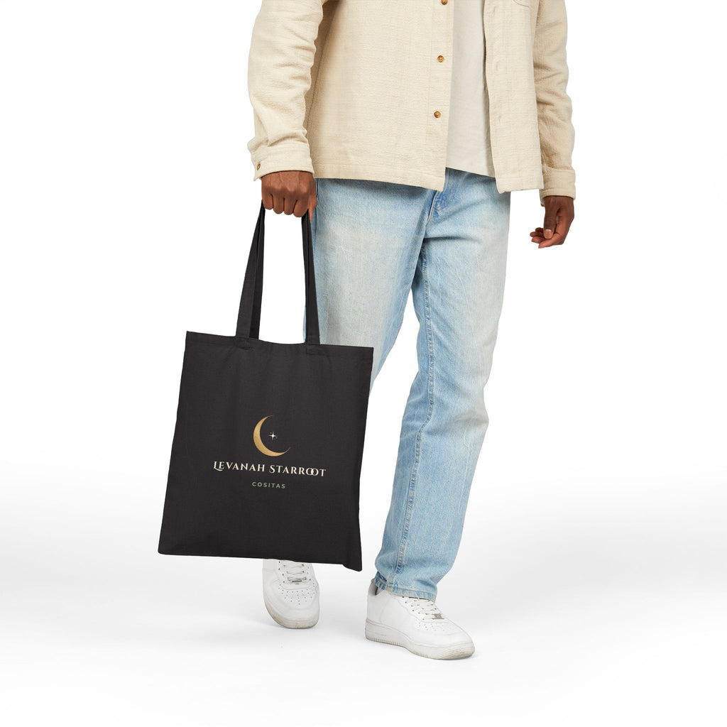 Celestial Moon Canvas Tote — 'Loved on Earth' Gold Crescent Tote Bag